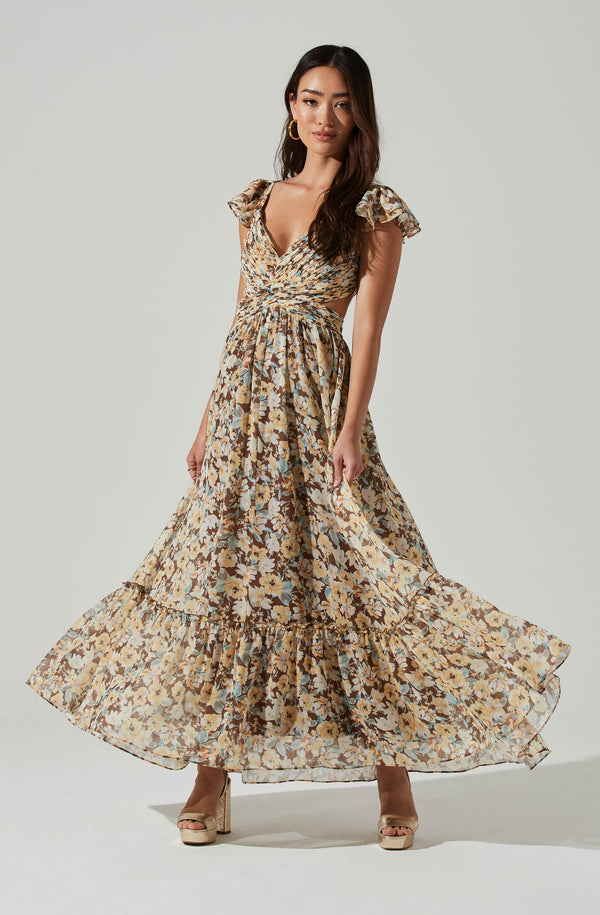 Primrose Floral Strappy Back Maxi Dress Brown yellow floral