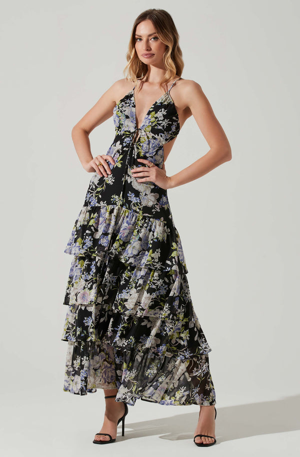 Aneira Floral Tiered Black Maxi Dress