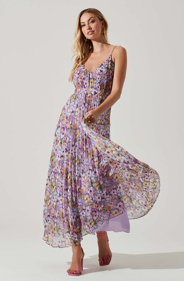 Loralee Pleated Floral Purple Midi Dress