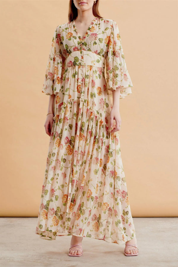 Floral V-Neck Mid Sleeve Maxi Dress
