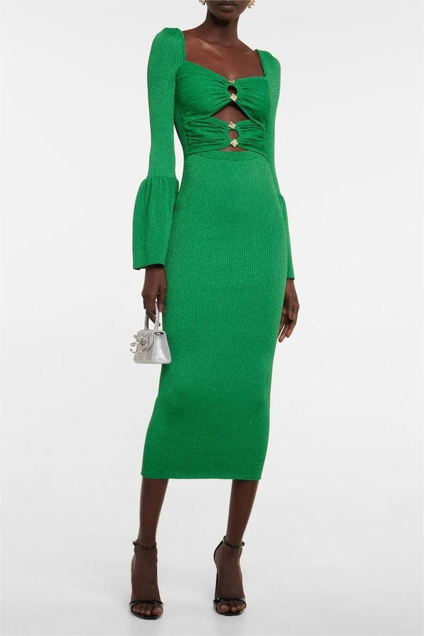Green Flared Sleeve Square Collar Lozenge Beaded Wool Knitted Vertical Stripe Midi Dress