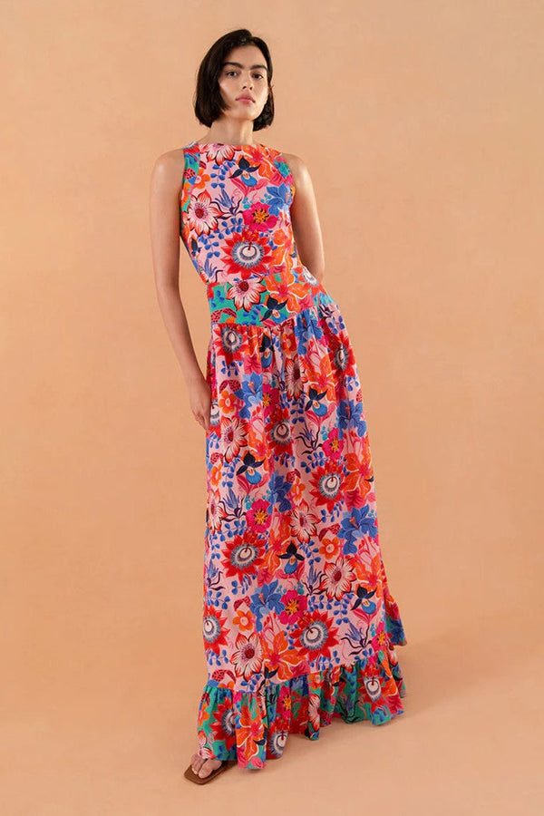 Floral Lace-Up Ruffle Hem Maxi Dress