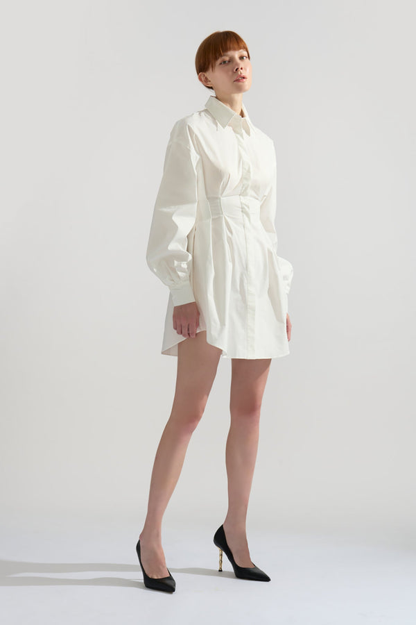 Puff Long Sleeve Suit Collar Tapered Waist Buttoned Mini Dress
