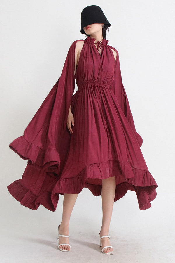 V-Neck Ruffle Hem Cape Large Hemline Midi Gown Dress Red