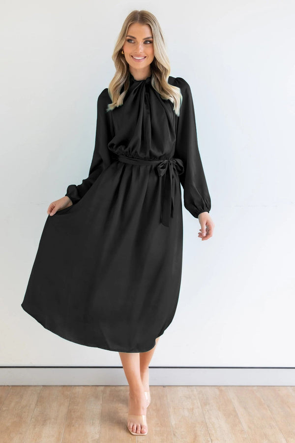 Satin Knot Collar Puff Long Sleeve Lace Up Midi Dress Black