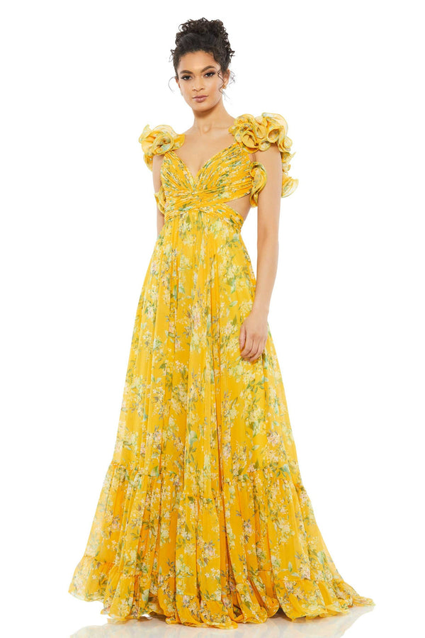 Floral V-Neck Cut Out Backless Ruffle Hem Maxi Dress Yellow
