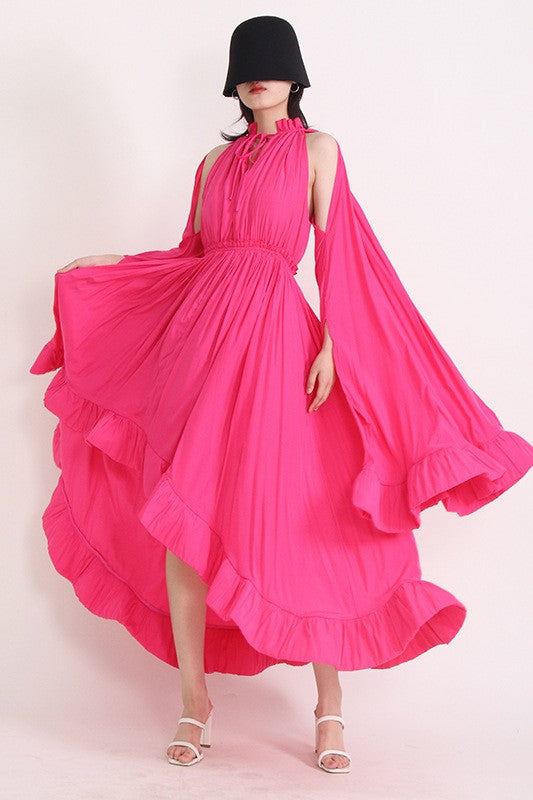 V-Neck Ruffle Hem Cape Large Hemline Midi Gown Dress Pink