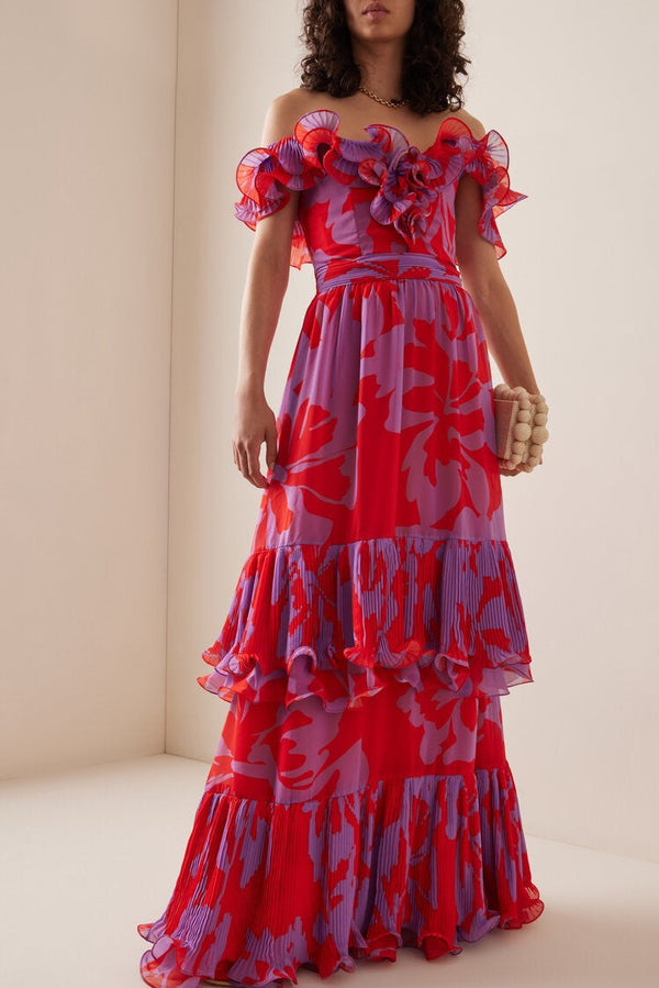 Printed One-shoulder Ruffle Maxi Dress