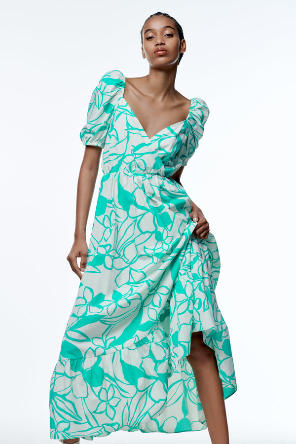 Print Puff Sleeve V-neck Large Hemline Maxi Dress