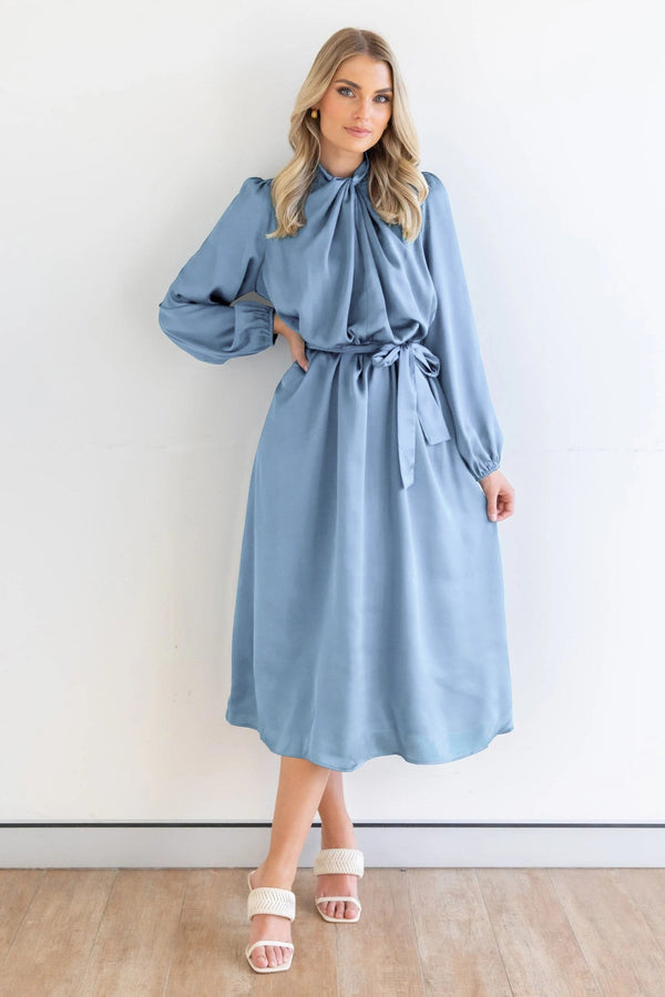 Satin Knot Collar Puff Long Sleeve Lace Up Midi Dress Blue