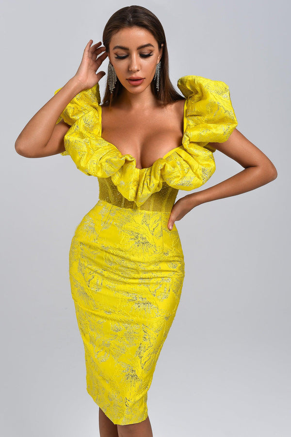 Melany Jacquard Midi Dress - Yellow - sarahselena