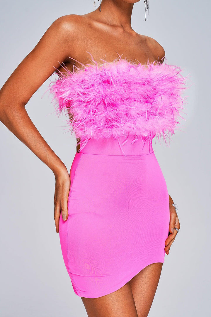 Winey Strapless Feather Mini Dress - sarahselena