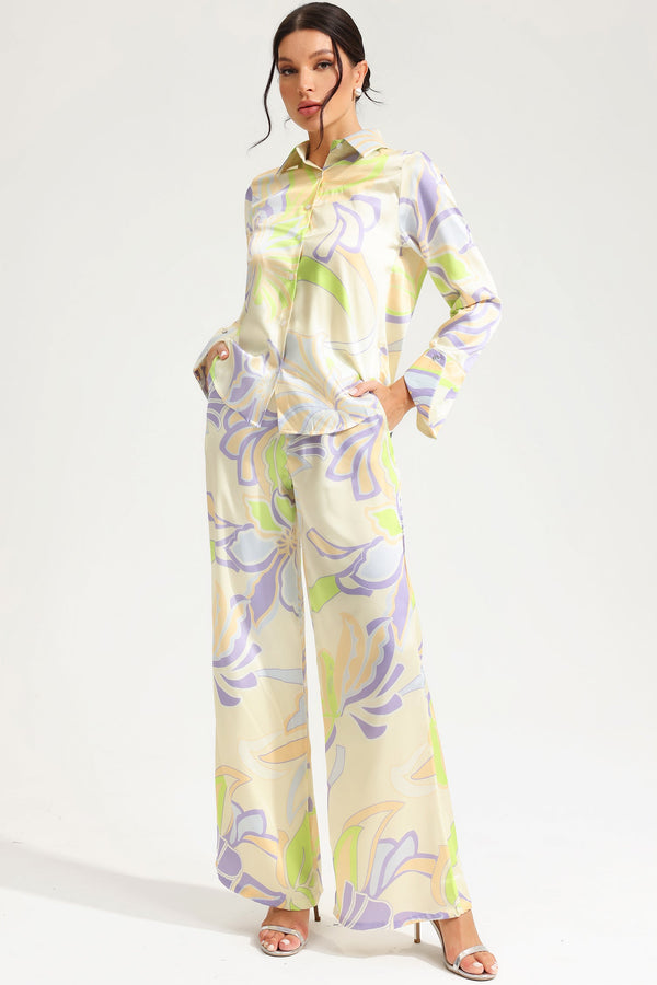 Print Blouse And Wide Leg Pants Two-piece Set