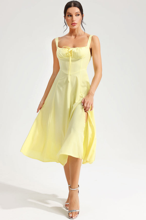 Lace Up Corest Slit Cami Midi Dress Yellow