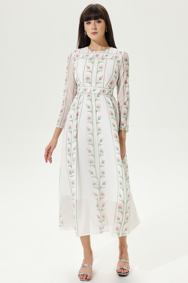 Flower Print Long Sleeve Crew Collar Silk Georgette Dress