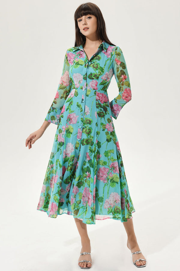 Floral Lantern Sleeve Lapel Buckle Maxi Dress