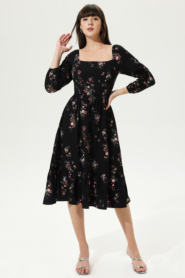 Floral Long Sleeve Square Collar Smocked Elastic Midi Dress