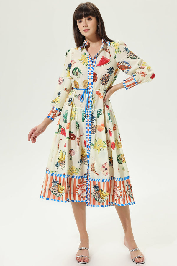 Printed Long Sleeve Lapel Buttoned Lace Up Maxi Dress