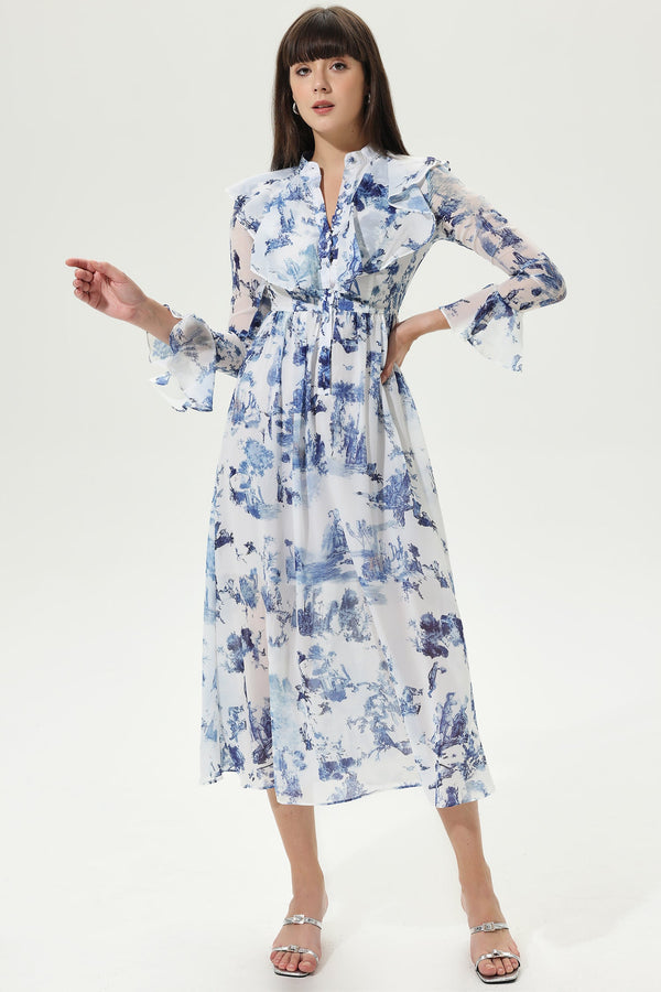 Floral Flared Sleeves V-neck Ruffle Tapered Waist Maxi Dress