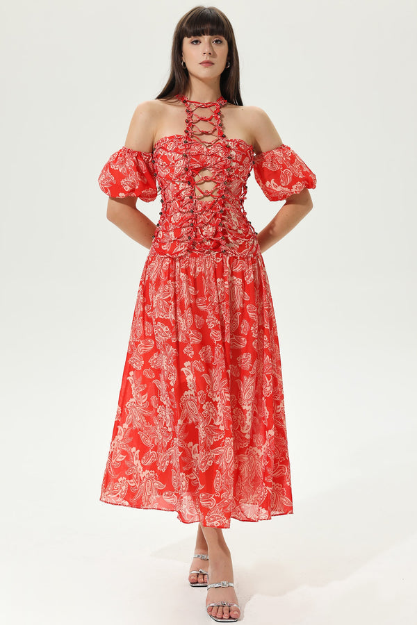 Floral Lantern Sleeve Halterneck Tapered Waist Hollow Out Maxi Dress