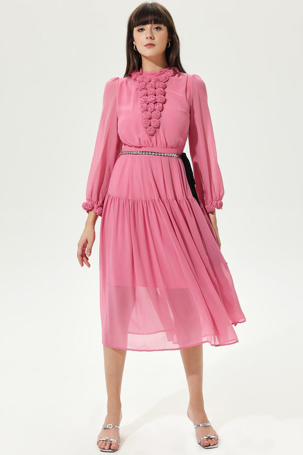 Pink Lantern Sleeve Crew Collar Three-Dimensional Flower Tapered Waist Midi Dress