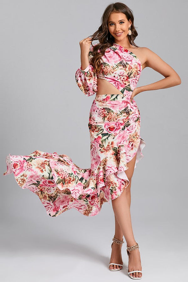Floral Slanted Shoulder Long Sleeve Ruffle Irregular Maxi Dress Pink