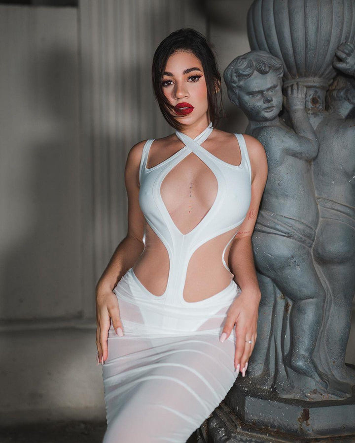 Amalie Cutout Mesh Midi Bandage Dress - White - sarahselena