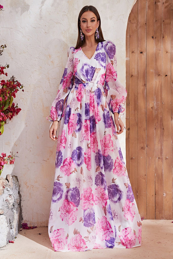 Floral Puff Long Sleeve V-neck Maxi Dress