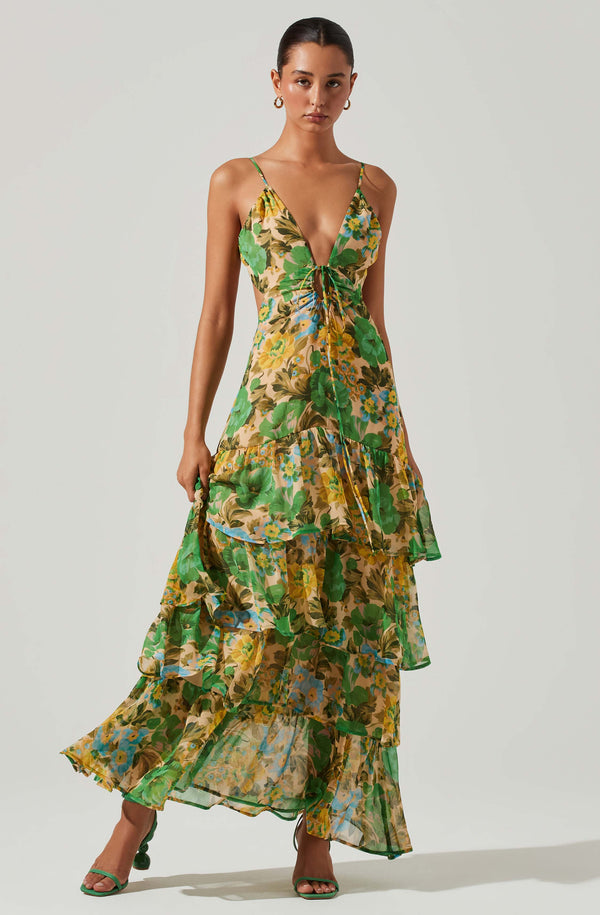 Aneira Floral Tiered Green Maxi Dress