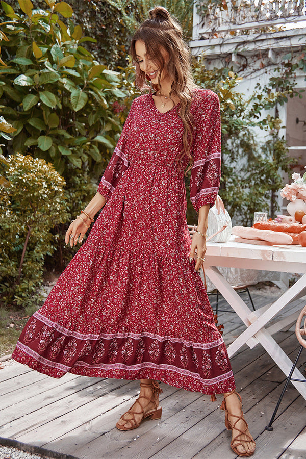 Boho Print Puff Sleeve Loose Maxi Dress Red