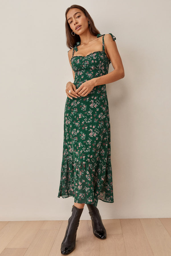 Floral Cami Lace up Ruched Backless Midi Dress