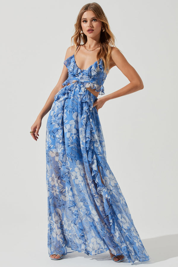 Floral Cut Out Ruffle Hem Cami Maxi Dress