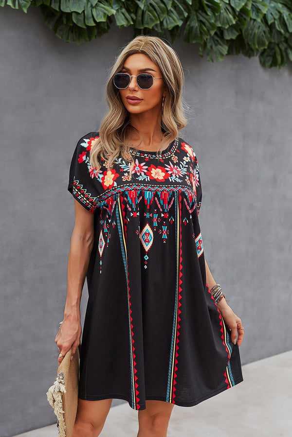 Floral Embroidered Mini Dress Black