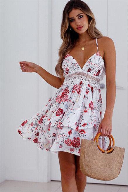 Floral Lace Up Sleeveless Backless Mini Dress