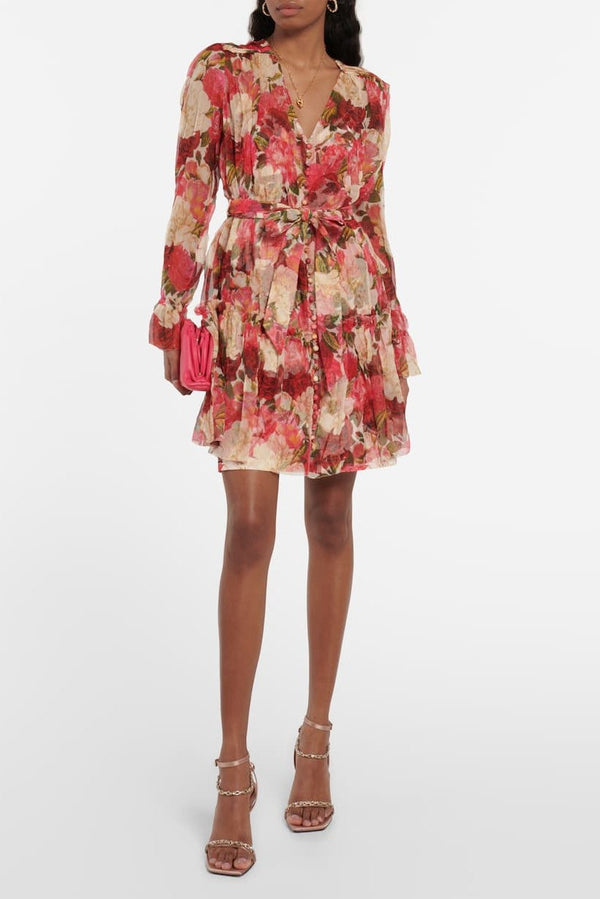 Floral Long Sleeve Buttoned Knot Mini Dress