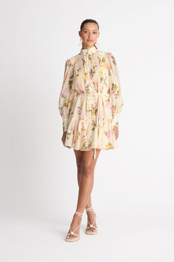 Floral Puff Long Sleeve Buttoned Lace Up Ruffle Hem Mini Dress
