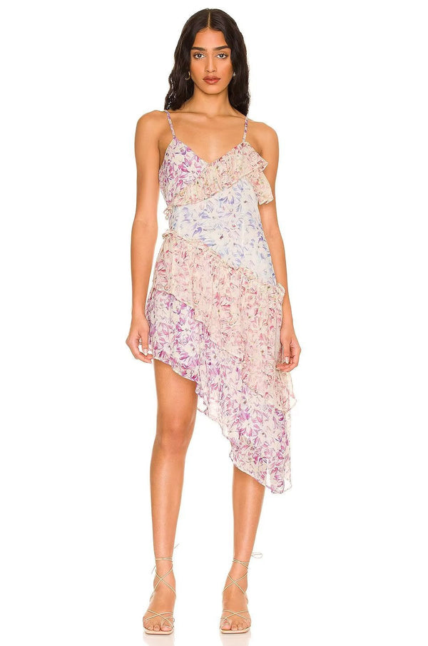 Floral Ruffle Asymmetric Hem Cami Midi Dress