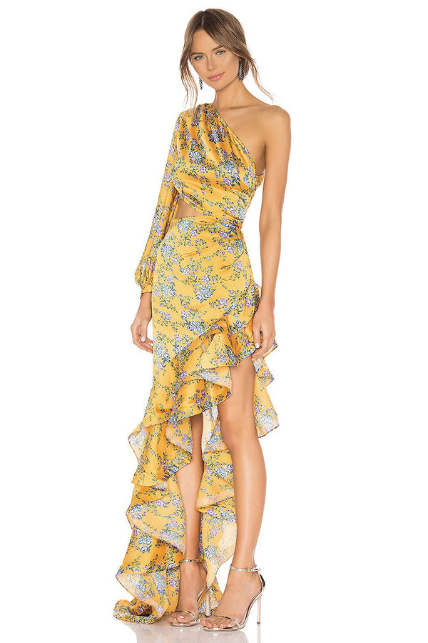Floral Slanted Shoulder Long Sleeve Ruffle Irregular Maxi Dress