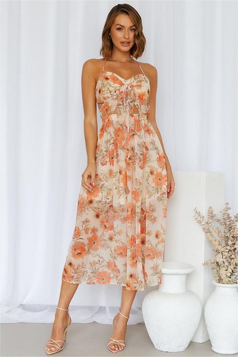 Floral Sleeveless Lace Up Midi Dress