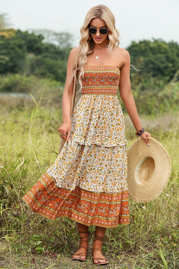 Floral Tube Top Smocked Elastic Midi Dress