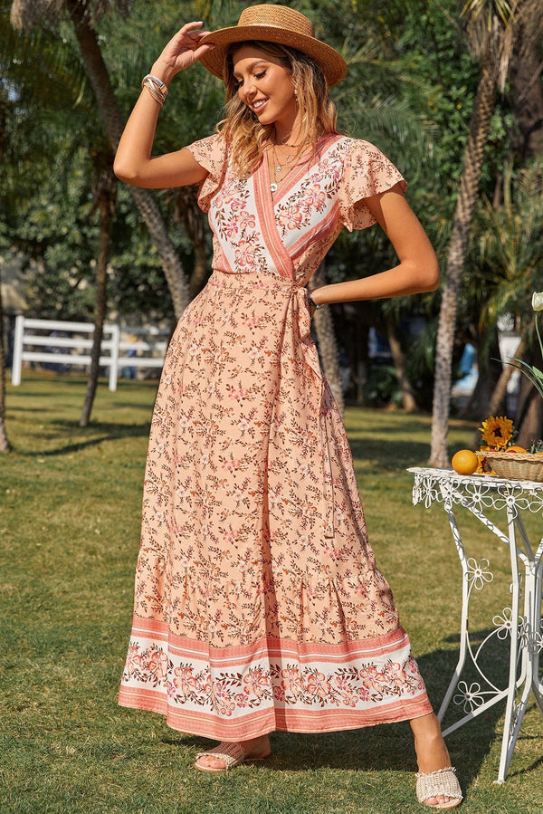 Floral V-neck Short Sleeve Lace-up Maxi Dress