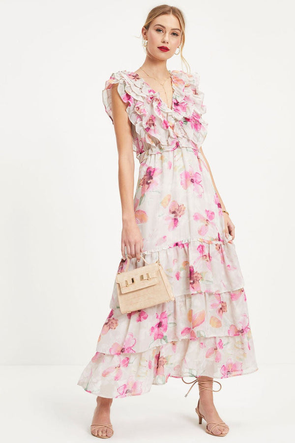 Floral V-Neck Lace Up Backless Tiered Ruffle Hem Maxi Dress