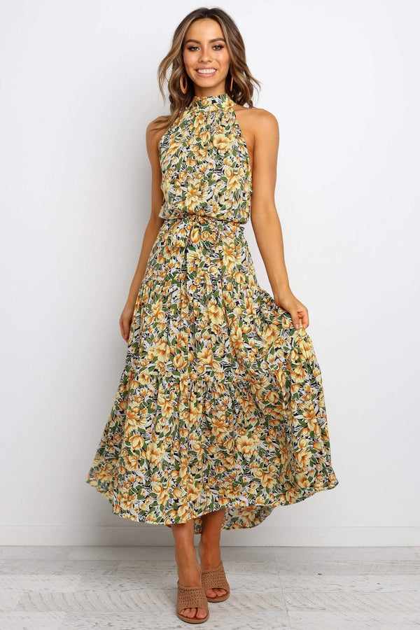 Floral Halterneck Large Hemline Maxi Dress Yellow