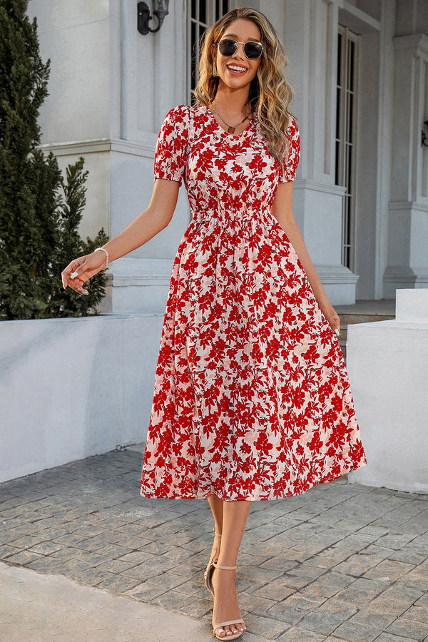 Floral Puff Sleeve Lace Up Backless Midi Dress