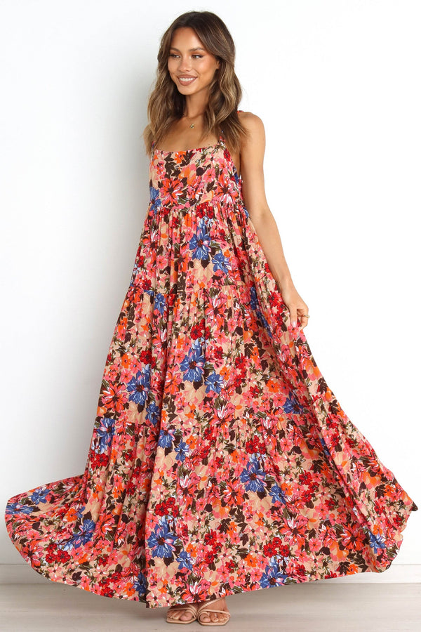 Floral Tiered Ruffle Large Hemline Cami Maxi Dress Red