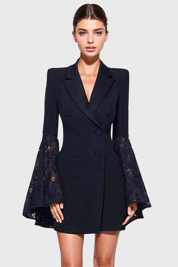 Flared Sleeve V-Neck Lace Suit Dress Black