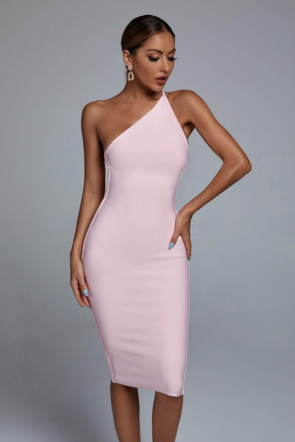 Janan One Shoulder Midi Bandage Dress - Pink - sarahselena