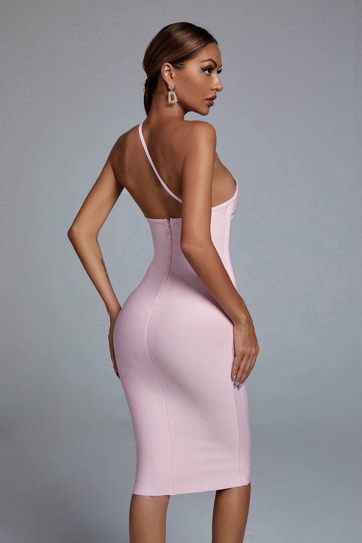 Janan One Shoulder Midi Bandage Dress - Pink - sarahselena