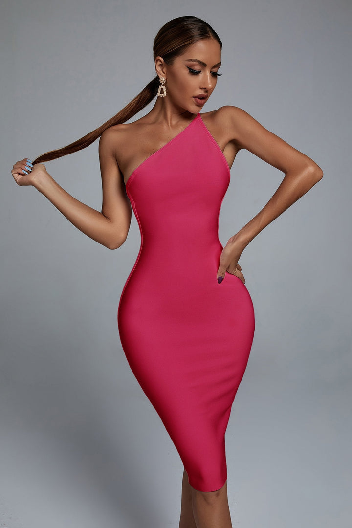 Janan One Shoulder Midi Bandage Dress - Hot Pink - sarahselena