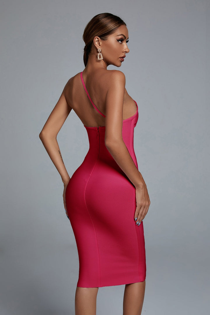 Janan One Shoulder Midi Bandage Dress - Hot Pink - sarahselena